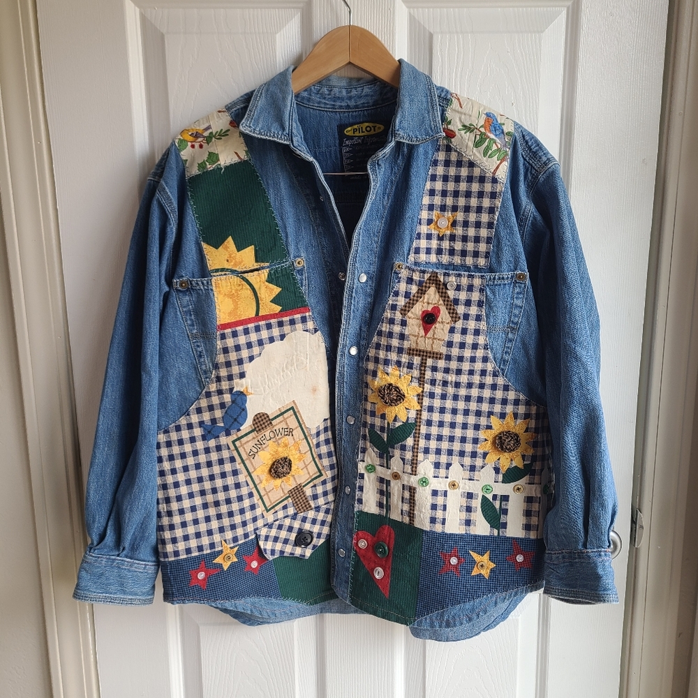 Vintage Blue Pilot Patchwork Sunflower Denim Jean… - image 1
